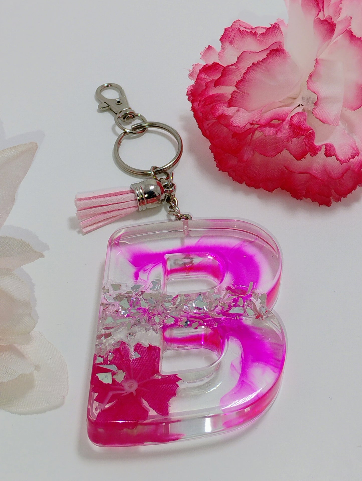 B - Large Letter Keychain - Pink Flower