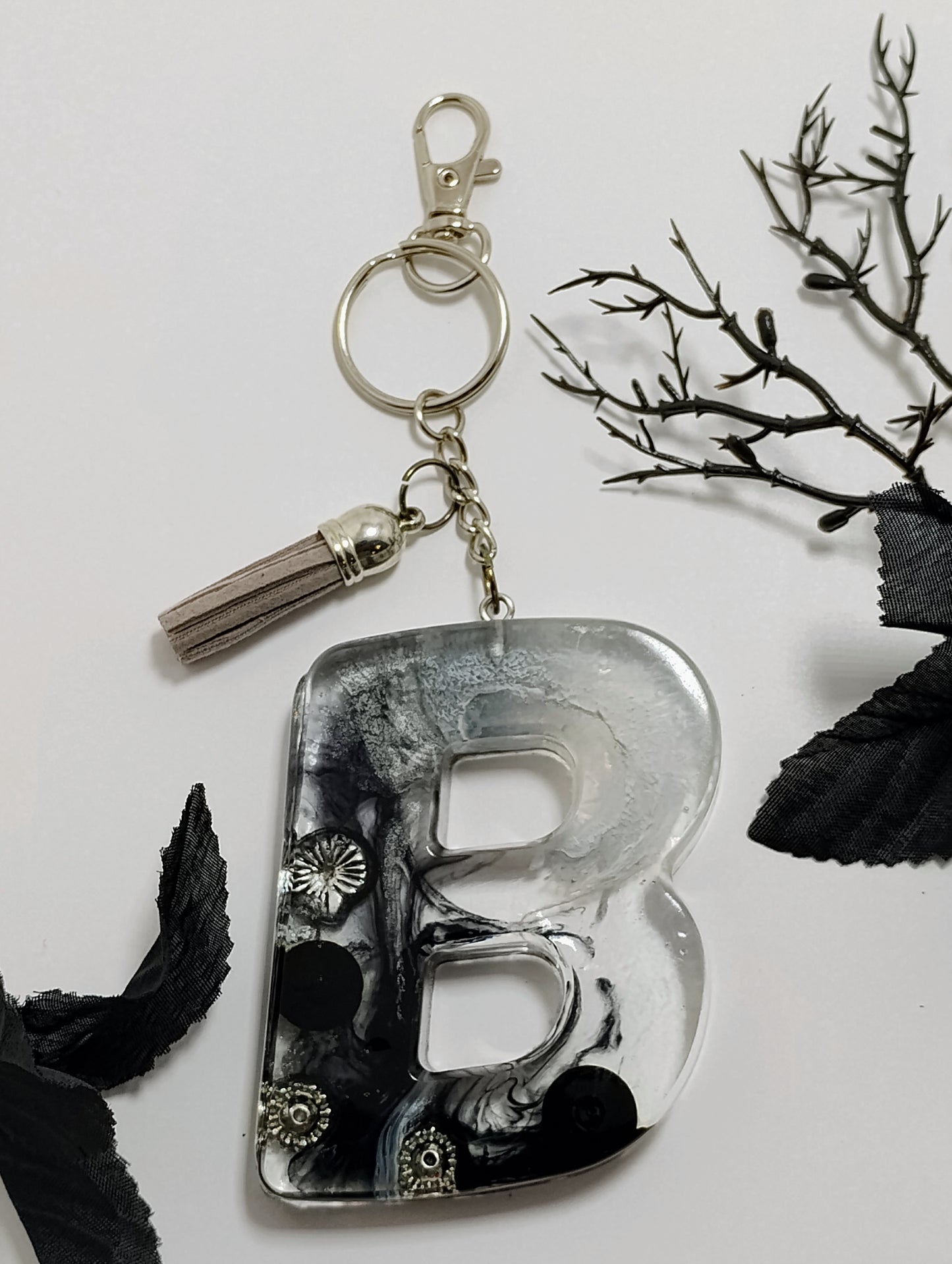 B - Large Letter Keychain - Black and Silver