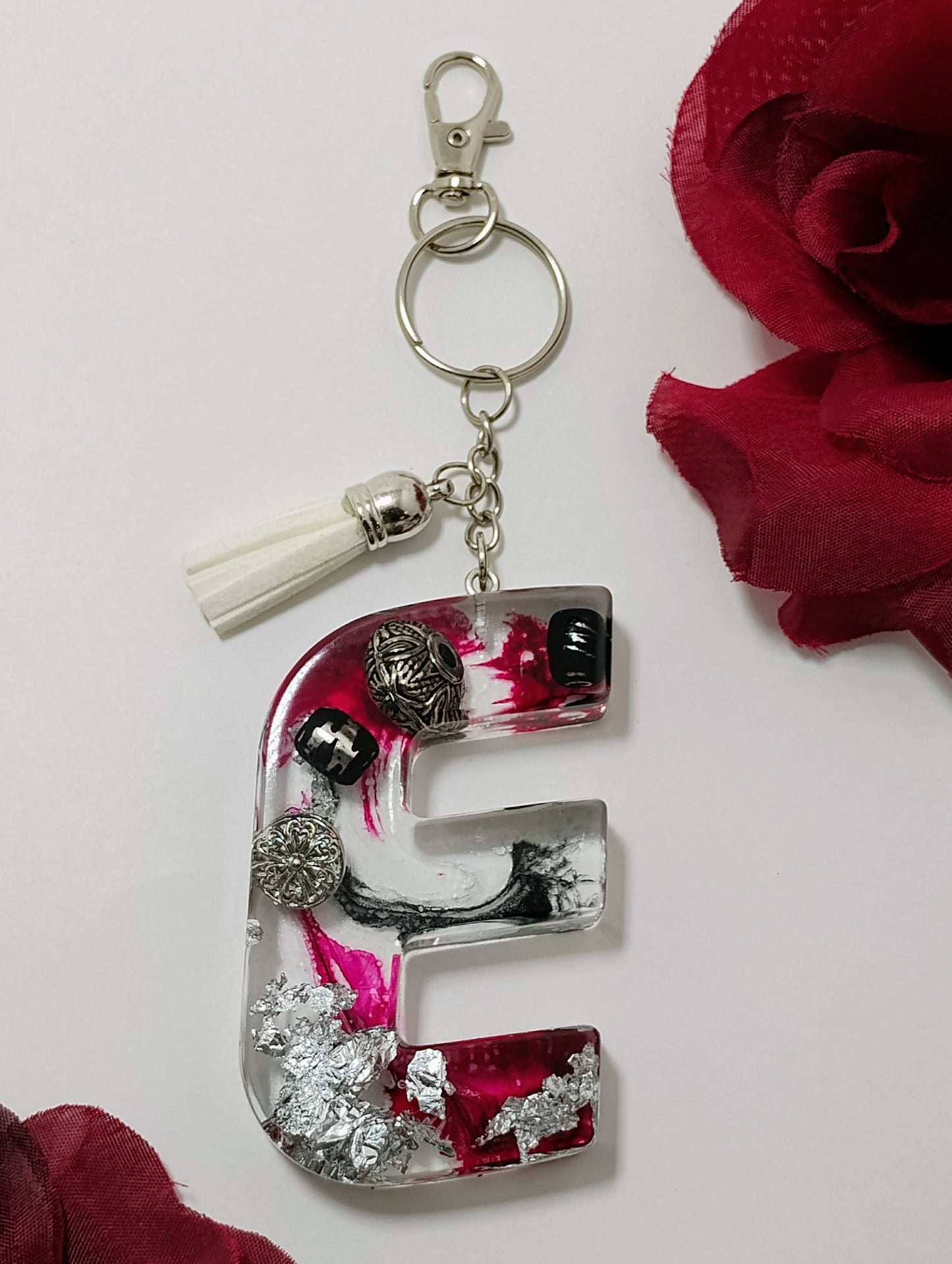 E - Large Letter Keychain -Burgundy Shimmer