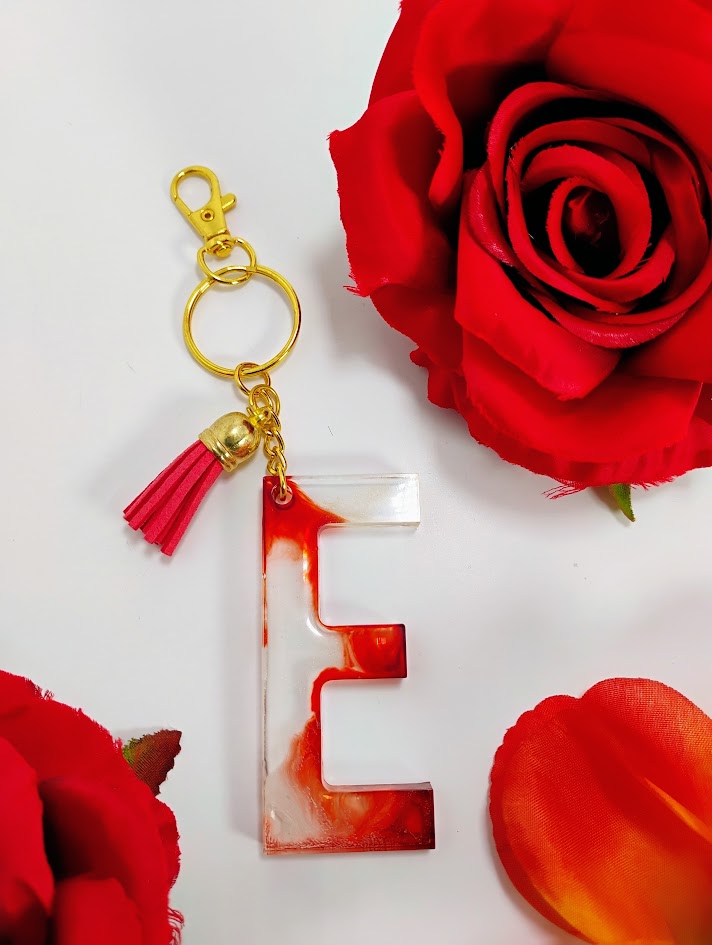 E- Small Letter Keychain- Rose Red