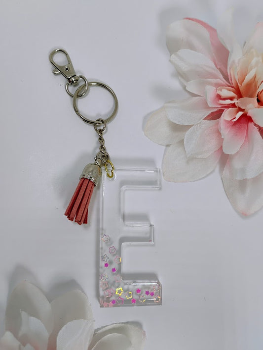 E- Small Letter Keychain- Pink Stars