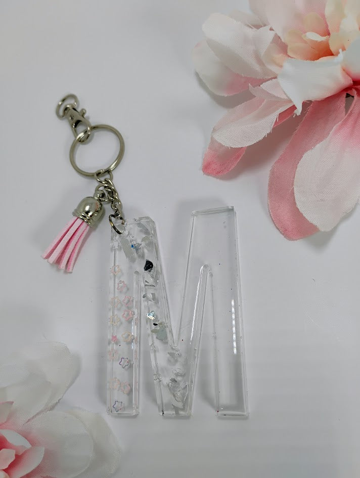 M- Small Letter Keychain- Pink Stars