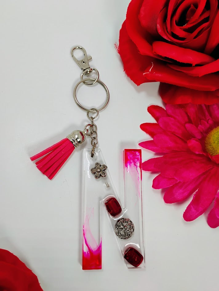 N- Small Letter Keychain- Pink Red Jewels